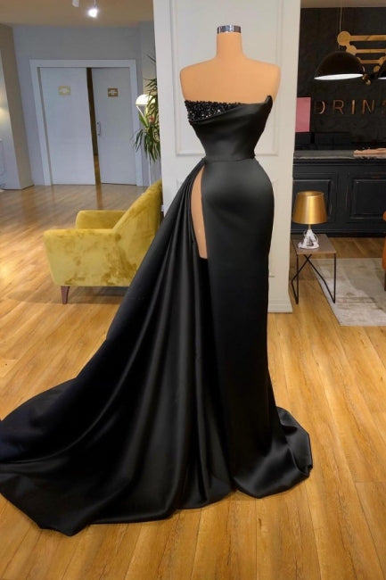 Elegant A-line Graduation Dresses Long Black Prom Dresses With Split Online-Ballbella