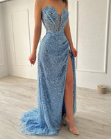 Elegant A-line V-neck Sleeveless Split Front Sequined Blue Prom Dress