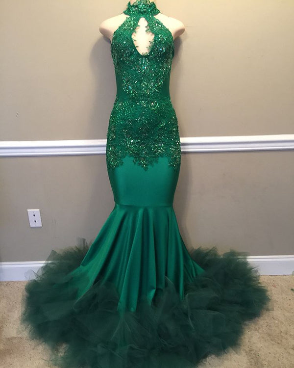 Elegant Beads Appliques Halter Prom Dresses Fit and Flare Sleeveless Tulle Evening Gowns-Ballbella