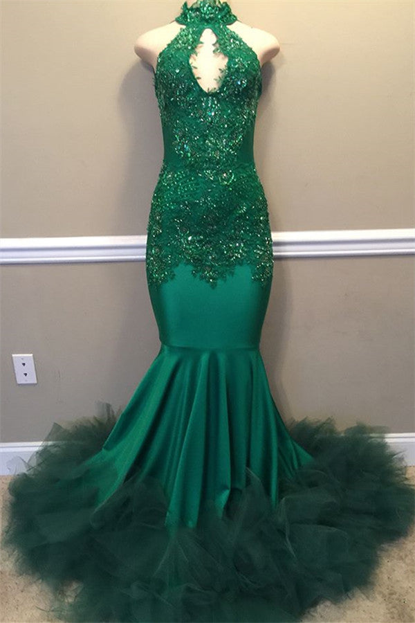 Elegant Beads Appliques Halter Prom Dresses Fit and Flare Sleeveless Tulle Evening Gowns-Ballbella