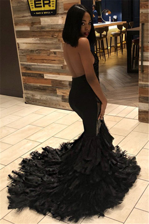 Elegant Black Mermaid Halter Sleeveless Open Back Applique Prom Dresses-Ballbella