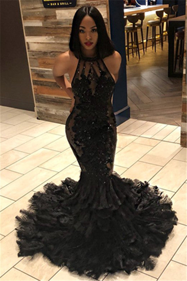 Elegant Black Mermaid Halter Sleeveless Open Back Applique Prom Dresses-Ballbella