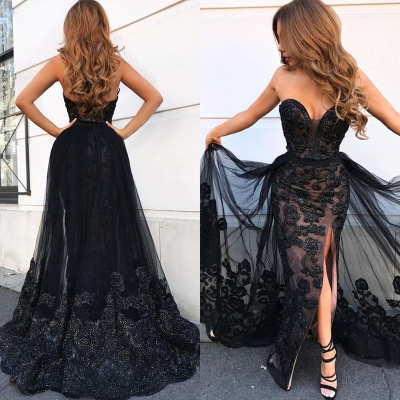 Elegant Black Sweetheart Prom Dresses On Sale Shining Beaded Side Slit ...