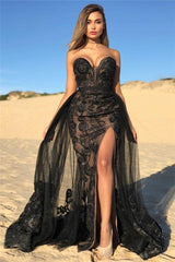 Elegant Black Sweetheart Prom Dresses On Sale Shining Beaded Side Slit Overskirt Evening Dress-Ballbella