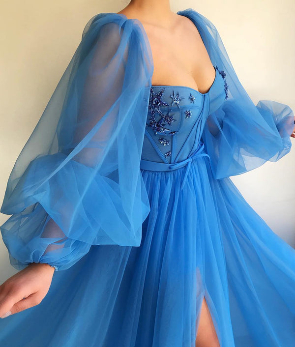 Elegant Blue Tulle Long Sleeves Prom Dress Sweetheart Long Beaded With Slit-Ballbella