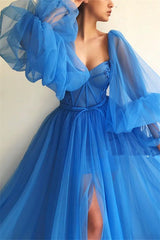 Elegant Blue Tulle Long Sleeves Prom Dress Sweetheart Long Beaded With Slit-Ballbella