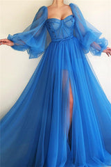 Elegant Blue Tulle Long Sleeves Prom Dress Sweetheart Long Beaded With Slit-Ballbella