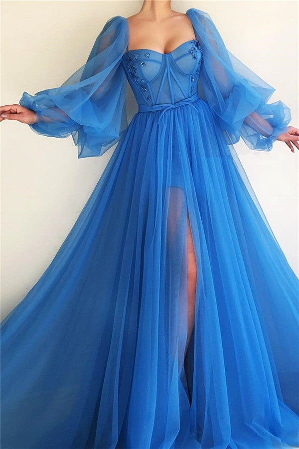 Elegant Blue Tulle Long Sleeves Prom Dress Sweetheart Long Beaded With Slit-Ballbella