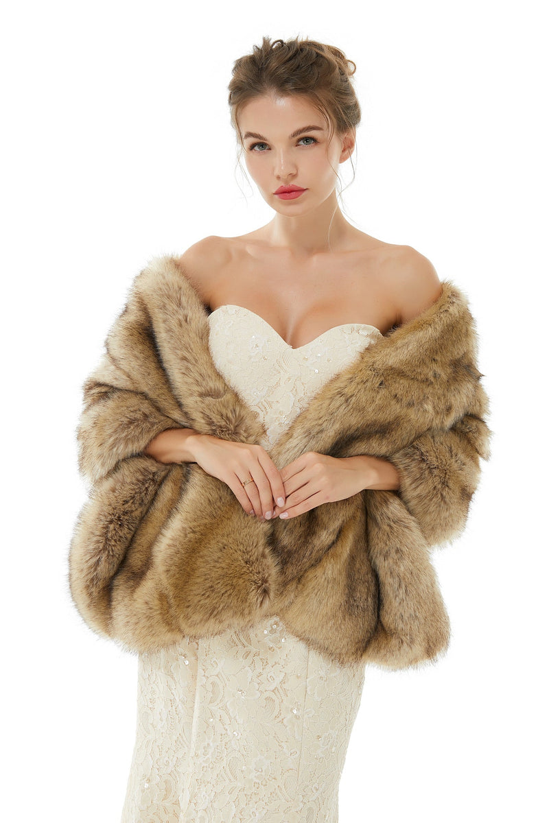 Elegant Brown Faux Fur Wedding Shawl For Bride-Ballbella