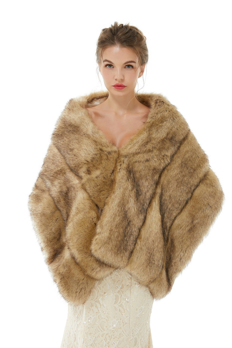 Elegant Brown Faux Fur Wedding Shawl For Bride-Ballbella