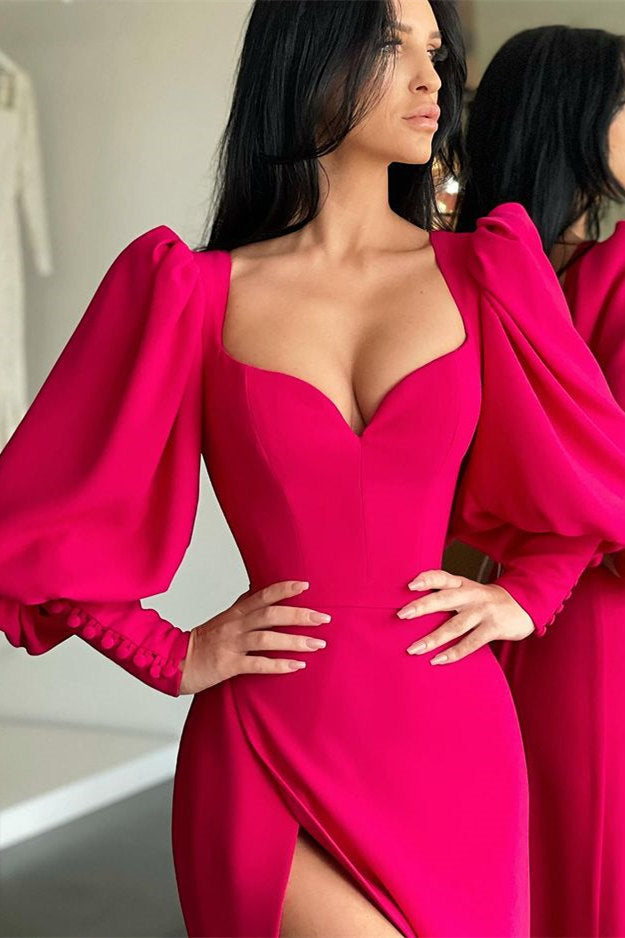 Elegant Bubble sleeves Sweetheart Red Side-cut Mermaid Prom Dress-Ballbella