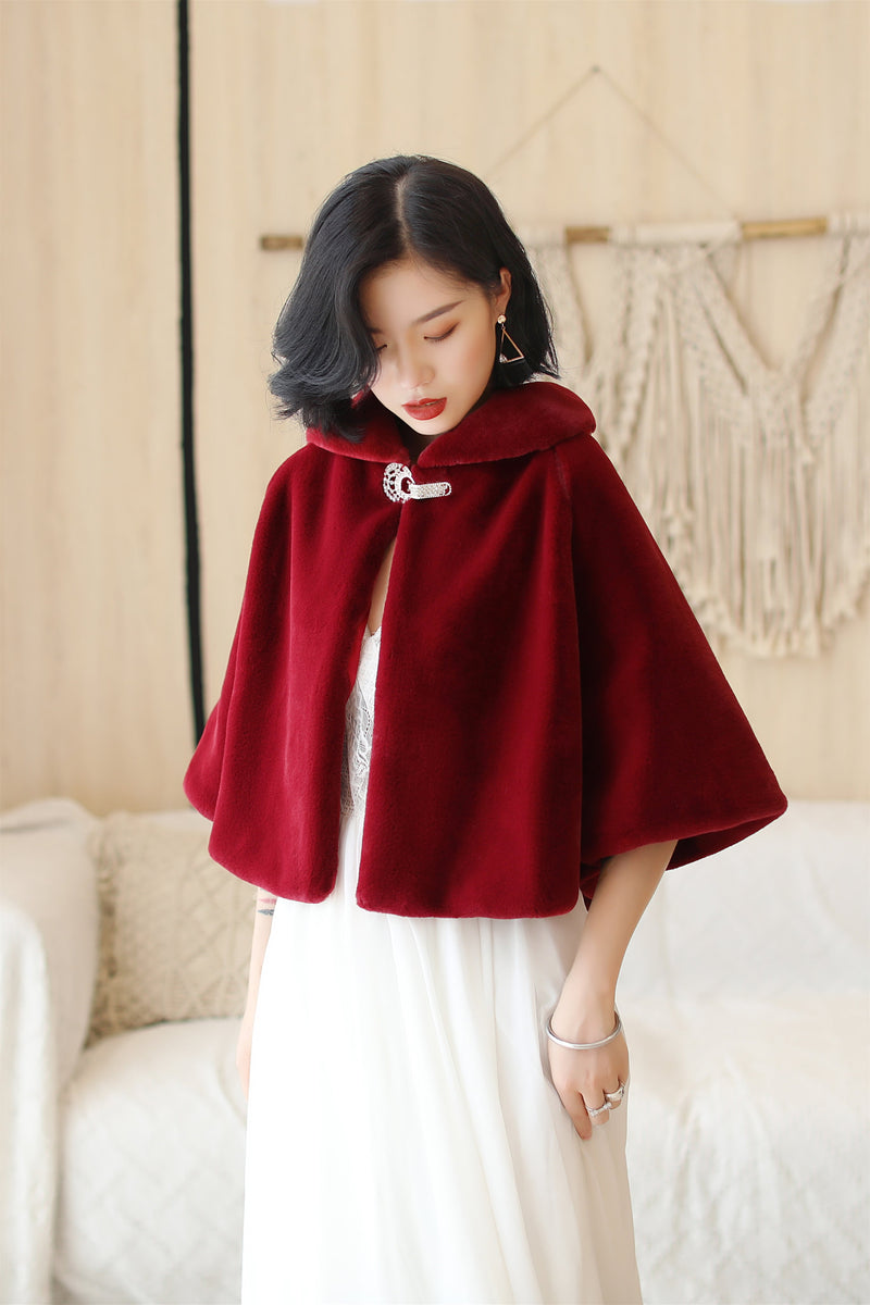 Elegant Burgundy Korean-Style Mink Cashmere Outerwear Winter Wedding Warmth Coat-Ballbella