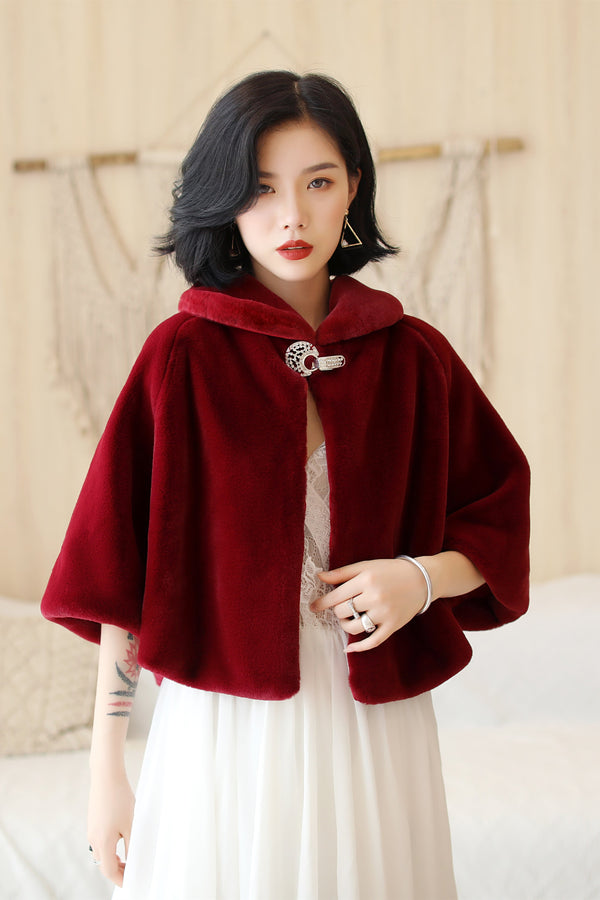 Elegant Burgundy Korean-Style Mink Cashmere Outerwear Winter Wedding Warmth Coat-Ballbella