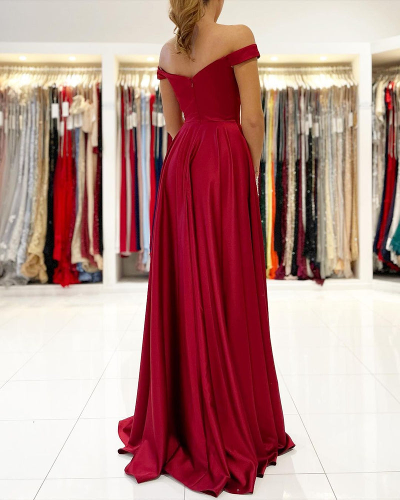 Elegant Burgundy Off-the-Shoulder Prom Dress Long With Split-Ballbella