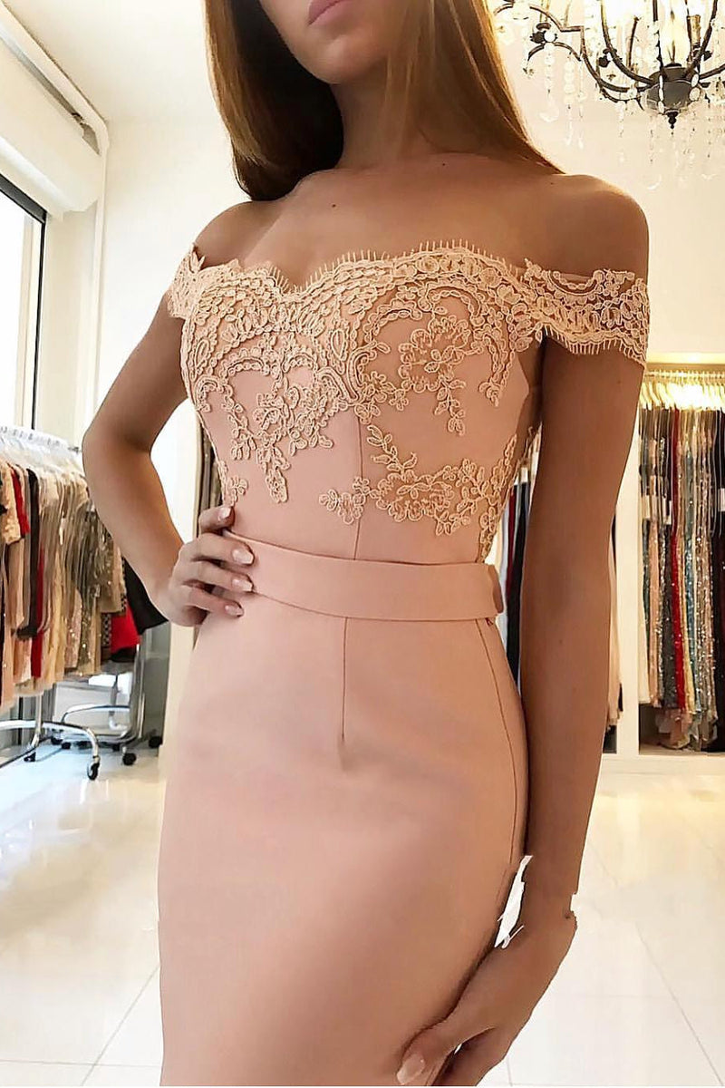 Elegant Chiffon Off-the-shoulder Lace Evening Dress Long Black Or Pink-Ballbella