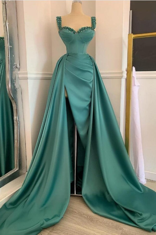 Elegant Green Sweetheart Straps Long Evening Dress With Beadings-Ballbella