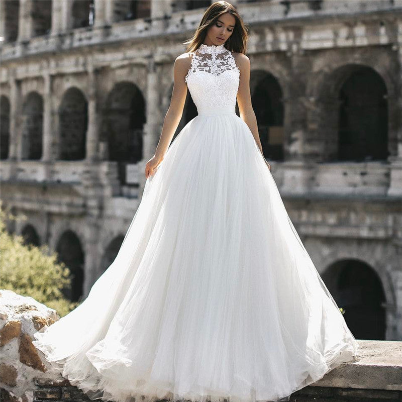 Elegant High Neck Sleeveless Appliques A-Line Floor-Length Wedding Dresses-Ballbella