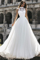 Elegant High Neck Sleeveless Appliques A-Line Floor-Length Wedding Dresses-Ballbella