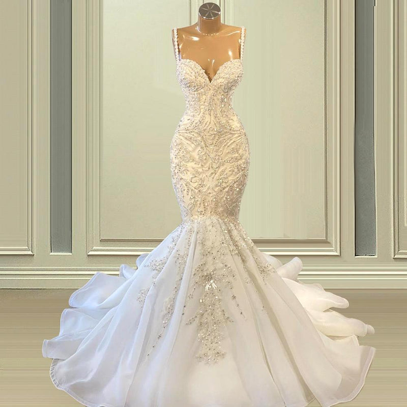 Elegant Ivory Spaghetti straps Sleeveless Mermaid Wedding Dresses-Ballbella