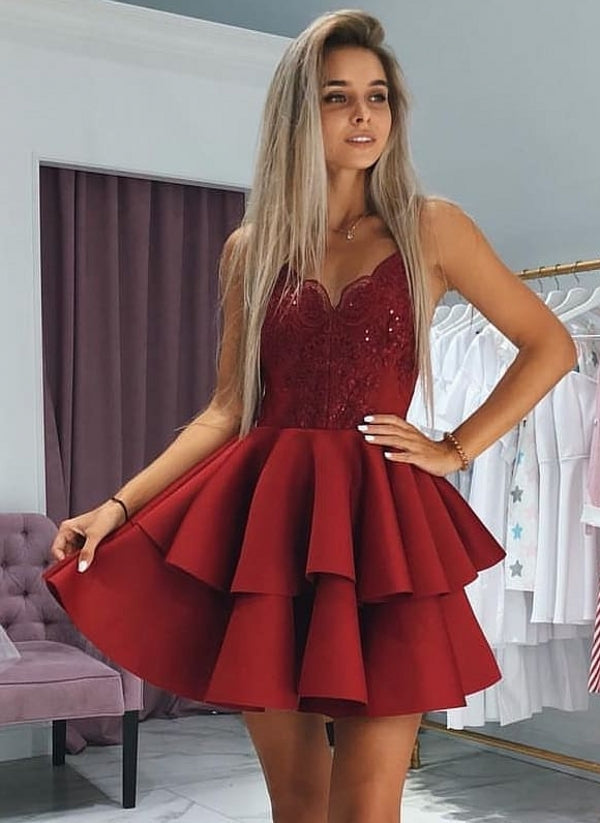 Elegant Layers Homecoming Dresses Spaghetti Straps Lace Hoco Dresses with Appliques-Ballbella