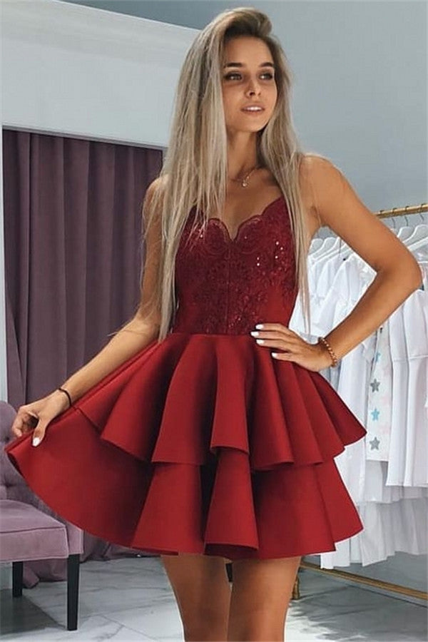 Elegant Layers Homecoming Dresses Spaghetti Straps Lace Hoco Dresses with Appliques-Ballbella