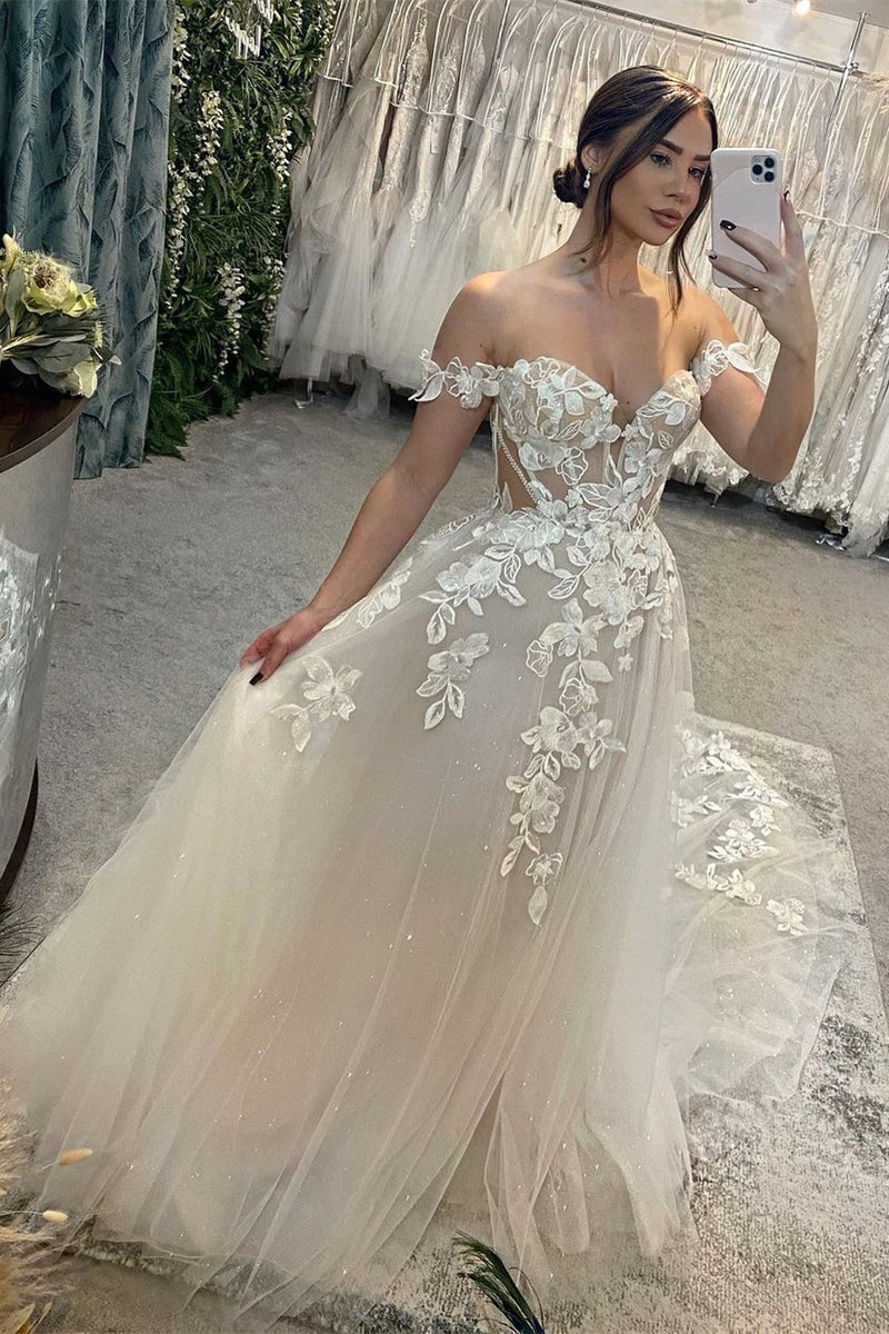 Classic Long A-line Off-the-shoulder Sweetheart Appliques Glitter Wedding Dress-Ballbella