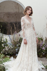 Elegant Long A-Line V-neck Lace Wedding Dresses With Long Sleeves-Ballbella