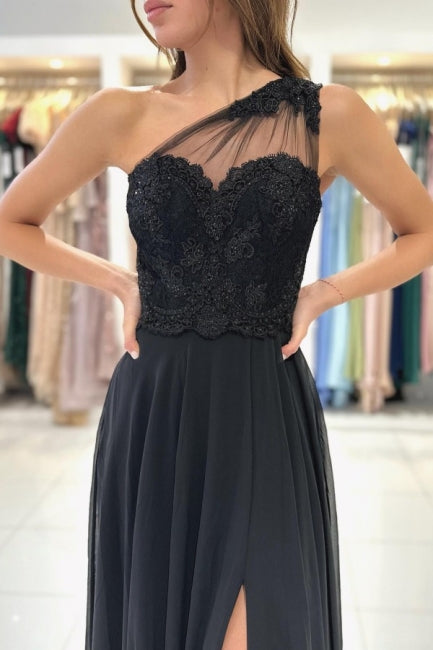 Elegant Long Black Graduation Dresses One Shoulder Lace Prom Dresses With Split Online-Ballbella