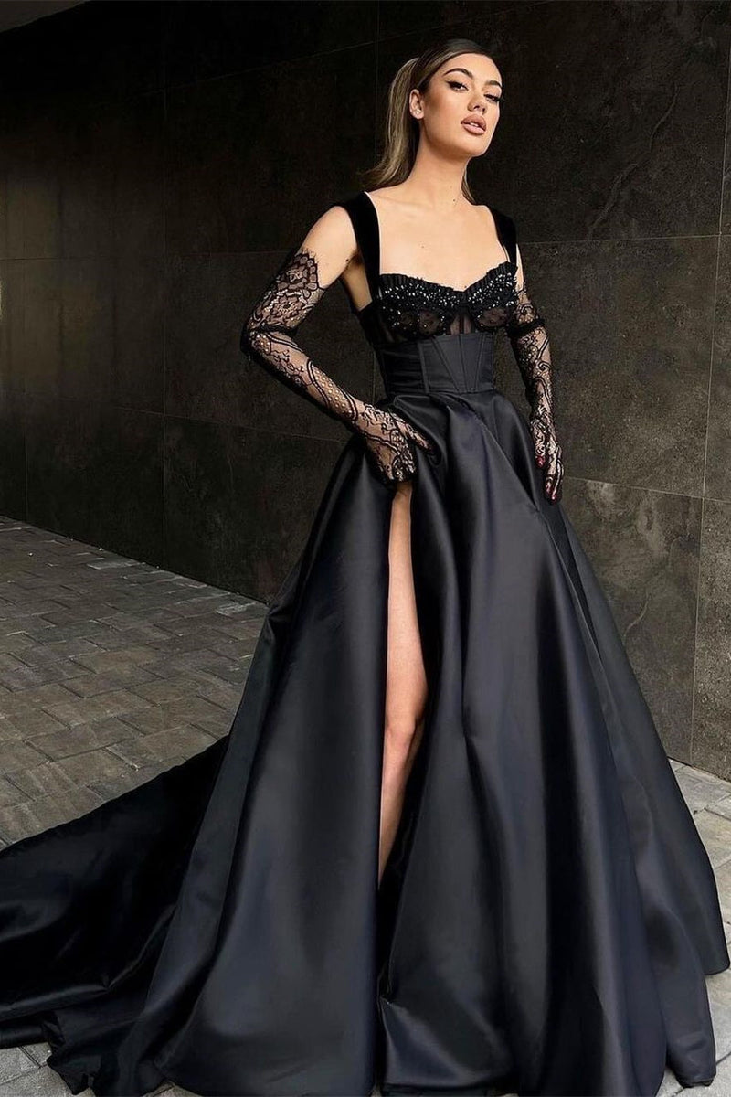 Elegant Long Black Lace Sleeveless Prom Dresses Long Slit Online-Ballbella