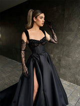 Elegant Long Black Lace Sleeveless Prom Dresses Long Slit Online-Ballbella