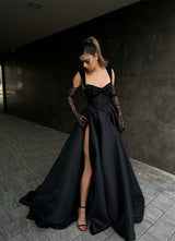 Elegant Long Black Lace Sleeveless Prom Dresses Long Slit Online-Ballbella