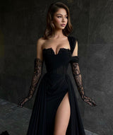 Elegant Long Black One Shoulder Sleeveless Lace Prom Dresses With Sit-Ballbella