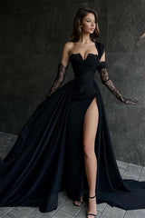 Elegant Long Black One Shoulder Sleeveless Lace Prom Dresses With Sit-Ballbella