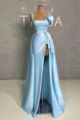 Elegant Long Blue A-line Straps Pearls Sleeveless Prom Dress With Slit