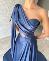 Elegant Long Blue One Shoulder Sleeveless Prom Dresses-Ballbella