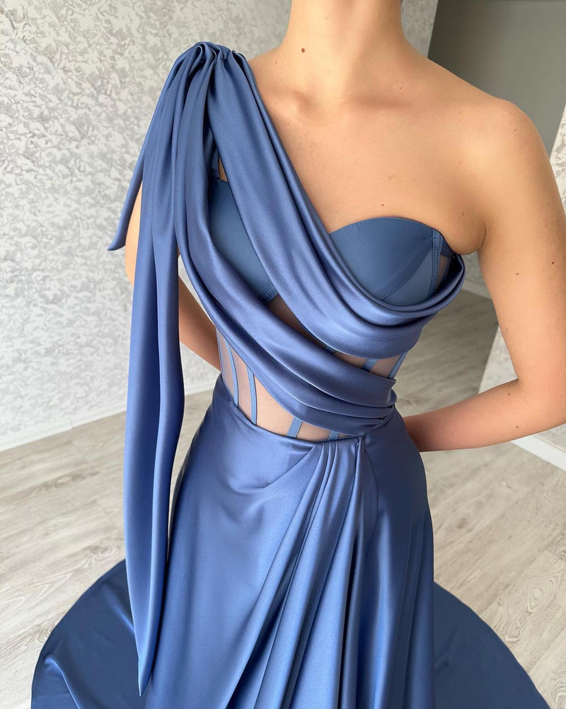 Elegant Long Blue One Shoulder Sleeveless Prom Dresses-Ballbella