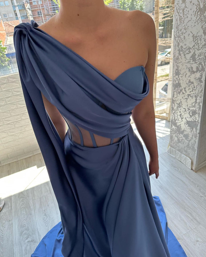 Elegant Long Blue One Shoulder Sleeveless Prom Dresses-Ballbella