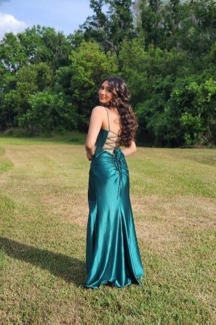 Elegant Long Dark Green Sleeveless Spaghetti Straps Prom Dresses With Split Online-Ballbella