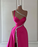 Elegant Long Fuchsia One Shoulder Jewels Sleeveless Prom Dresses Long Slit Online-Ballbella