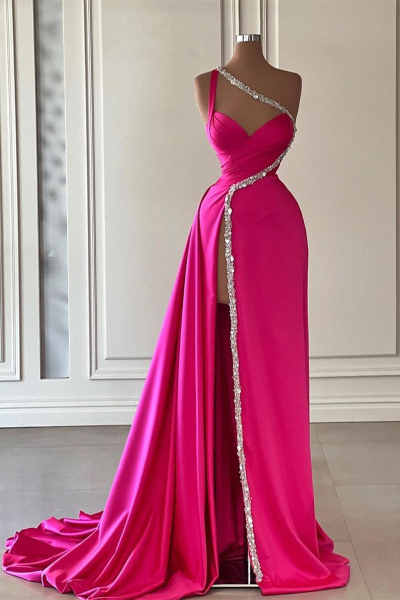 Elegant Long Fuchsia One Shoulder Jewels Sleeveless Prom Dresses Long Slit Online-Ballbella