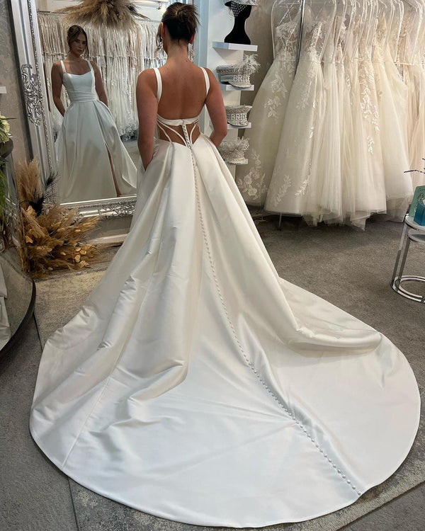 Elegant Long Ivory A-line Straps Satin Sleeveless Backless Wedding Dress With Slit