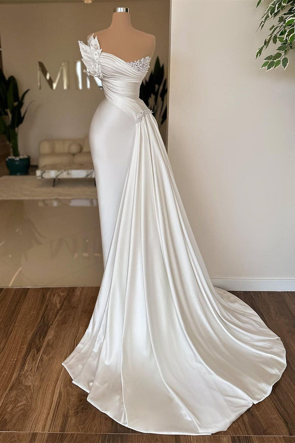 Classic Long Ivory Mermaid Sleeveless Satin Prom Dress With Pearls-Ballbella