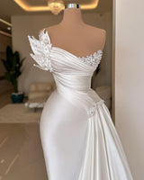 Elegant Long Ivory Mermaid Sleeveless Satin Prom Dress With Pearls