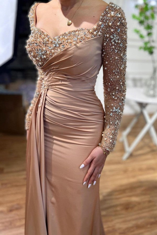 Elegant Long Mermaid Beading Prom Dresses With Long Sleeves-Ballbella