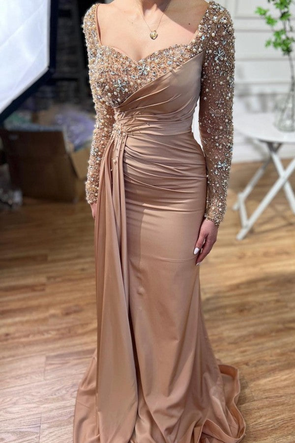 Elegant Long Mermaid Beading Prom Dresses With Long Sleeves-Ballbella