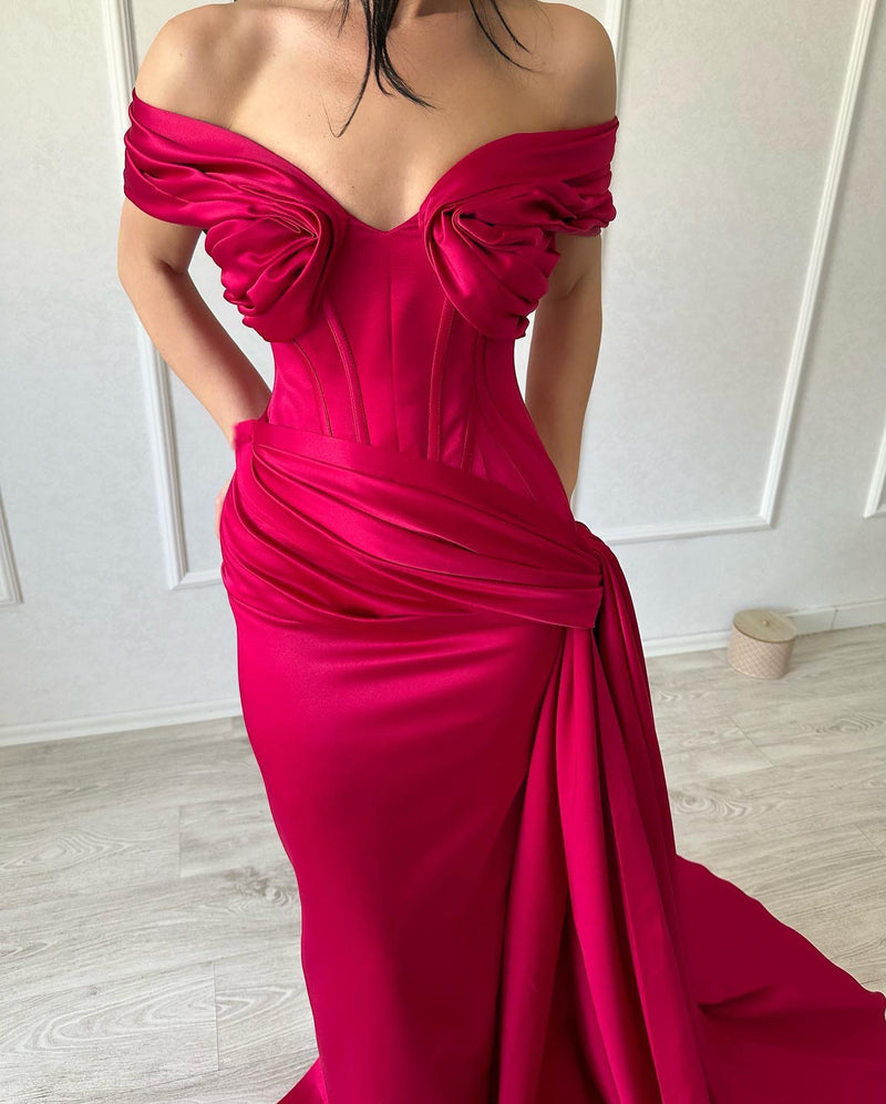 Classic Long Mermaid Off-the-shoulder Sleeveless V-neck Satin Fuchsia Prom Dress-Ballbella