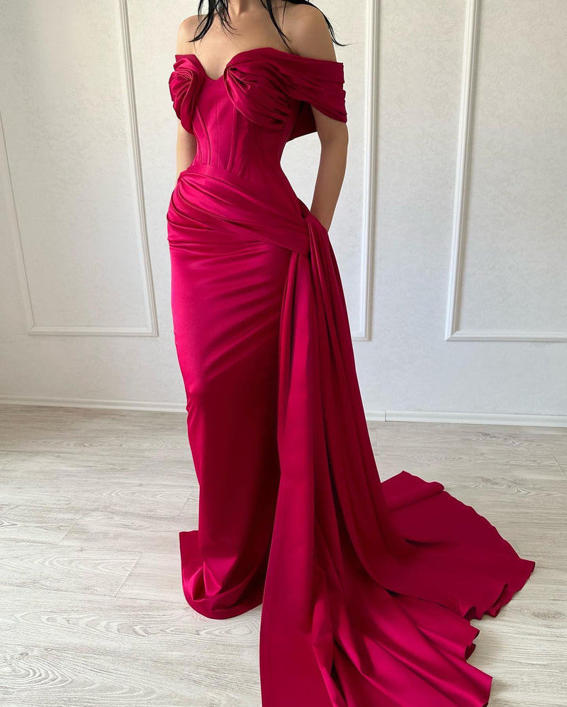 Classic Long Mermaid Off-the-shoulder Sleeveless V-neck Satin Fuchsia Prom Dress-Ballbella