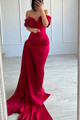 Classic Long Mermaid Off-the-shoulder Sleeveless V-neck Satin Fuchsia Prom Dress-Ballbella