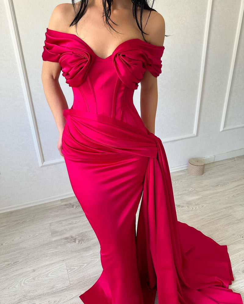 Classic Long Mermaid Off-the-shoulder Sleeveless V-neck Satin Fuchsia Prom Dress-Ballbella