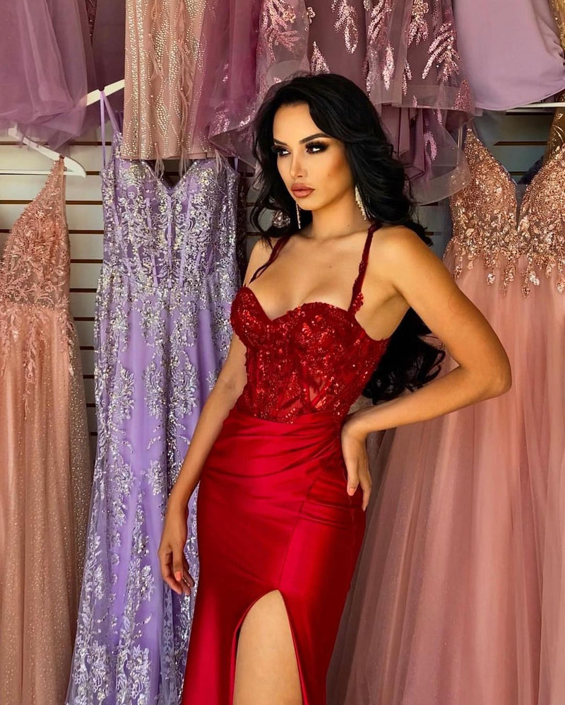 Ballbella Elegant Long Red Spaghetti Straps Sequins Lace Sleeveless Prom Dresses Long Slit Online